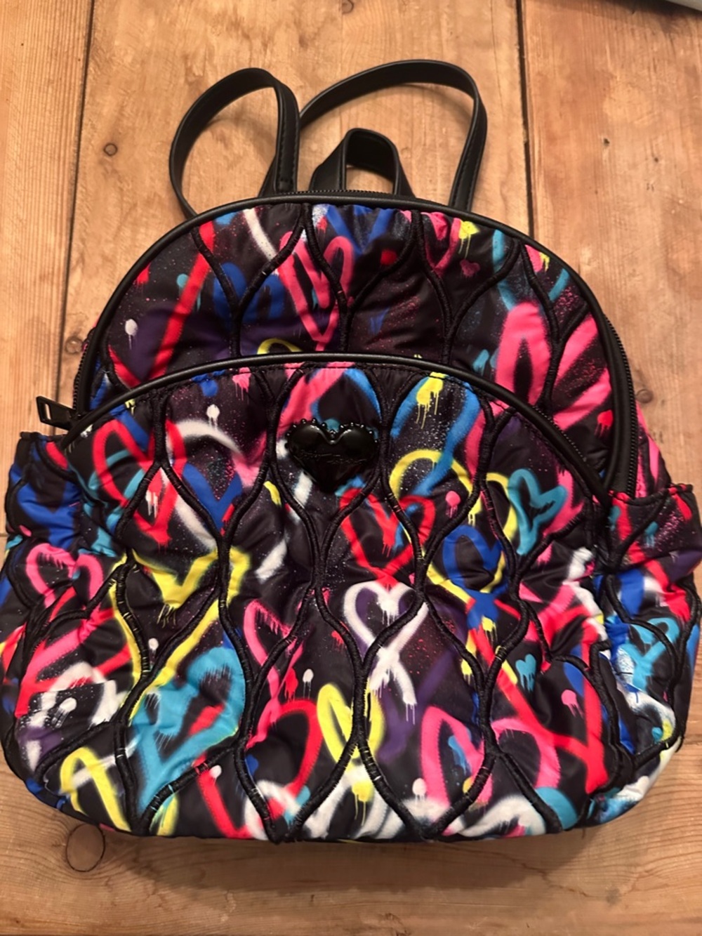 Graffiti Sweetie backpack by Betsey Johnson Multicolor Heart Print Quilted